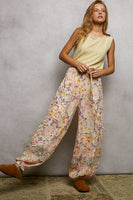 POL Double Gauze Printed Joggers with See Through Lace Details in Pink Floral