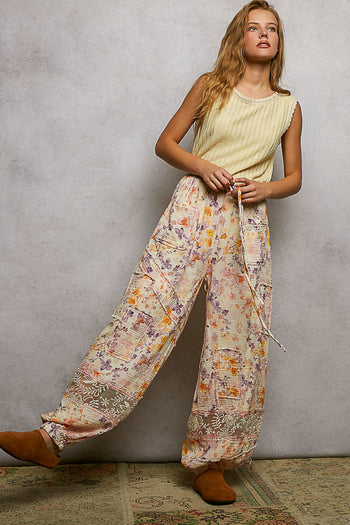 POL Double Gauze Printed Joggers with See Through Lace Details in Pink Floral