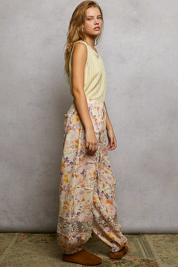 POL Double Gauze Printed Joggers with See Through Lace Details in Pink Floral