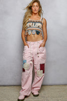 POL Striped Twill Barrel Pants with Mixed Patches in Pink Striped