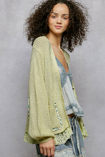 POL Floral Accent V-Neck Knit Cardigan in Light Green ON ORDER