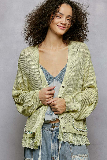 POL Floral Accent V-Neck Knit Cardigan in Light Green ON ORDER