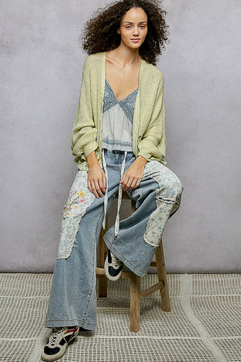 POL Floral Accent V-Neck Knit Cardigan in Light Green ON ORDER
