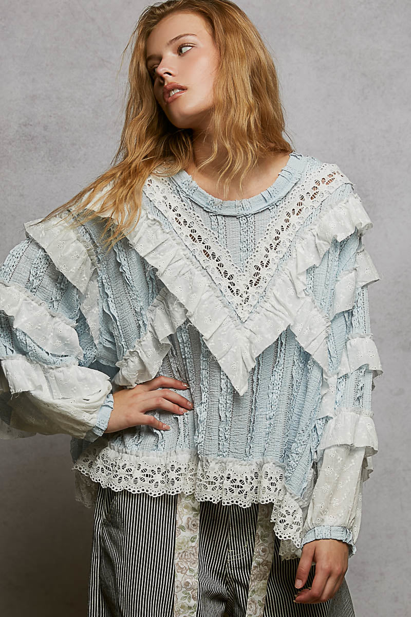 POL Ruffle Detailed Mixed Lace Top in Pure Water – June Adel