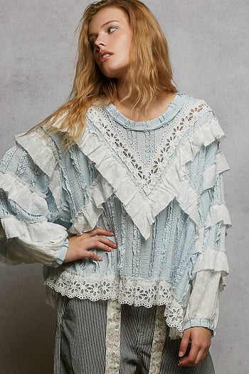 POL Ruffle Detailed Mixed Lace Top in Pure Water ON ORDER