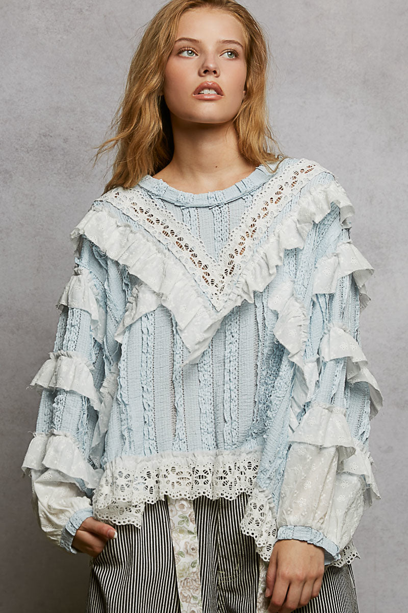 POL Ruffle Detailed Mixed Lace Top in Pure Water – June Adel