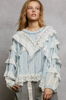 POL Ruffle Detailed Mixed Lace Top in Pure Water ON ORDER
