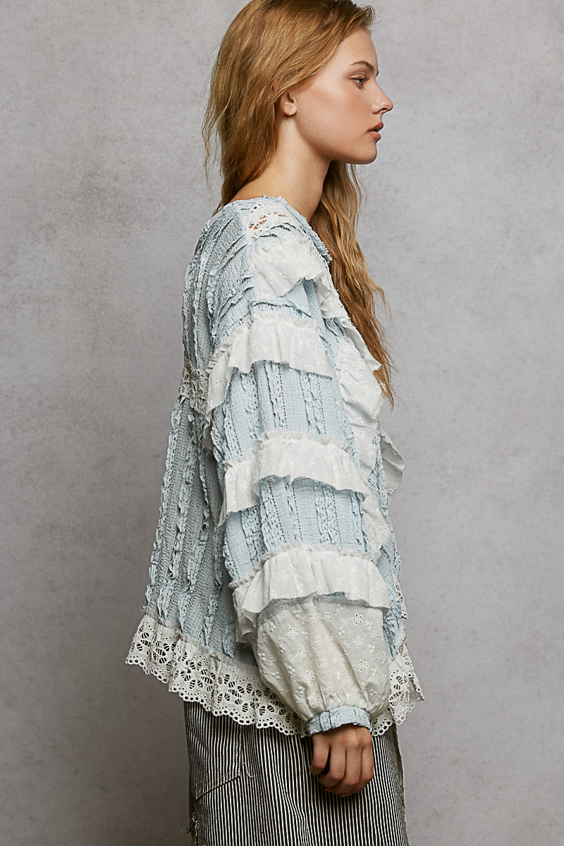 POL Ruffle Detailed Mixed Lace Top in Pure Water – June Adel