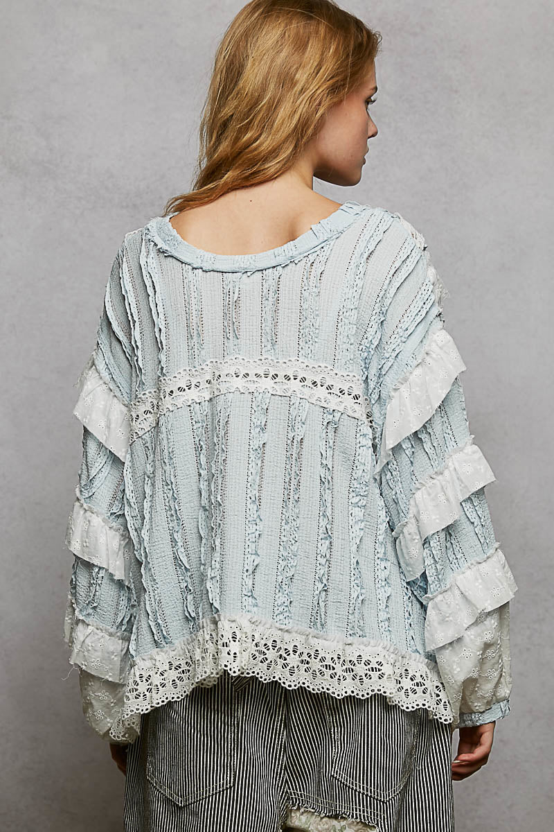 POL Ruffle Detailed Mixed Lace Top in Pure Water – June Adel