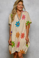 POL OVERSIZED Bold Floral and Beaded Detail Mini Dress in Cream Multi