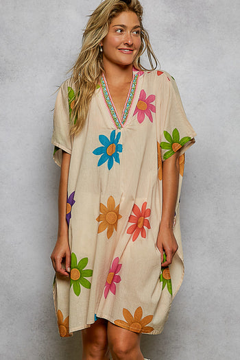 POL OVERSIZED Bold Floral and Beaded Detail Mini Dress in Cream Multi