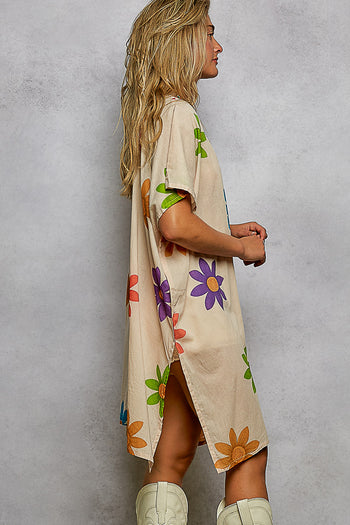POL OVERSIZED Bold Floral and Beaded Detail Mini Dress in Cream Multi
