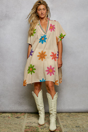 POL OVERSIZED Bold Floral and Beaded Detail Mini Dress in Cream Multi S at June Adel