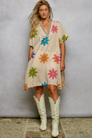 POL OVERSIZED Bold Floral and Beaded Detail Mini Dress in Cream Multi