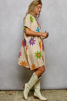 POL OVERSIZED Bold Floral and Beaded Detail Mini Dress in Cream Multi