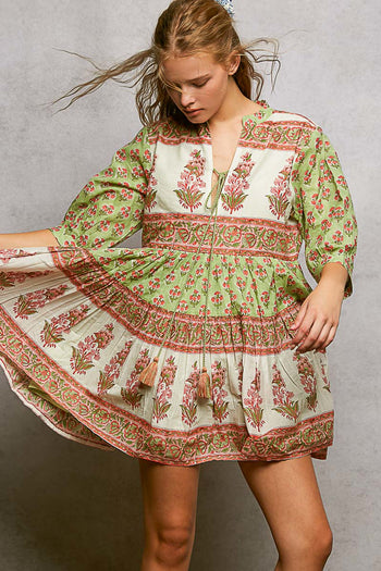POL Floral Border Tiered Mini Dress in Sage Multi