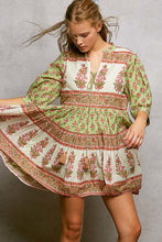 Load image into Gallery viewer, POL Floral Border Tiered Mini Dress in Sage Multi
