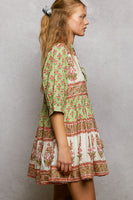 POL Floral Border Tiered Mini Dress in Sage Multi