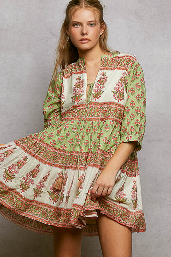 POL Floral Border Tiered Mini Dress in Sage Multi