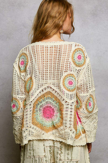 POL Open Weave Crochet Bold Circular Medallion Motif Sweater in Cream/Sage
