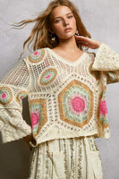 POL Open Weave Crochet Bold Circular Medallion Motif Sweater in Cream/Sage