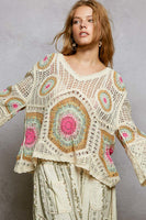 POL Open Weave Crochet Bold Circular Medallion Motif Sweater in Cream/Sage
