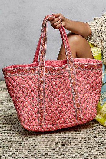 POL Quilted Floral Tote Bag in Pink/Yellow Multi