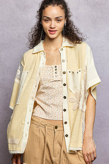 POL Mix N Match Patched Button Down Top in Honey Gold
