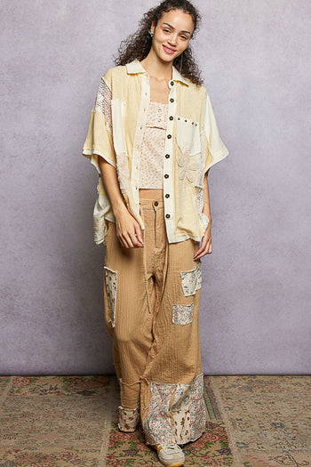 POL Mix N Match Patched Button Down Top in Honey Gold