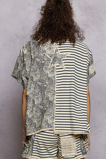 POL Navy Stripe Top with Crochet Details in Navy Multi