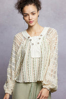 POL Contrasting Mixed Fabric Peasant Top in Natural