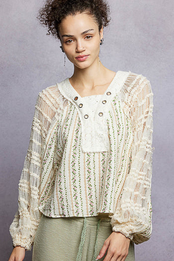 POL Contrasting Mixed Fabric Peasant Top in Natural