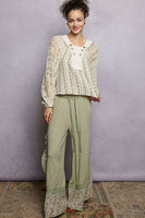 POL Contrasting Mixed Fabric Peasant Top in Natural