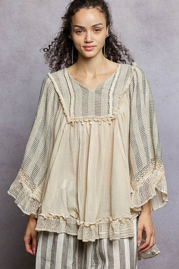 POL Loose Fit Top with Lace Trim in Natural