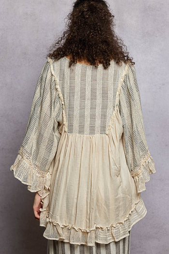 POL Loose Fit Top with Lace Trim in Natural