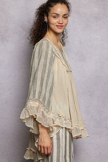 POL Loose Fit Top with Lace Trim in Natural