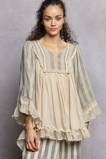 POL Loose Fit Top with Lace Trim in Natural