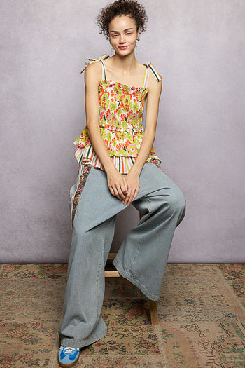 POL Contrasting Floral and Striped Print Top in Lime Multi