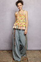 POL Contrasting Floral and Striped Print Top in Lime Multi