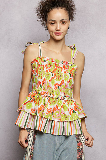 POL Contrasting Floral and Striped Print Top in Lime Multi