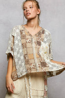 POL Patchwork Design Crop Top in Ivory/Beige Multi