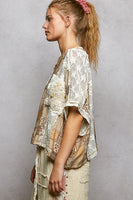 POL Patchwork Design Crop Top in Ivory/Beige Multi