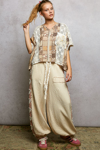 POL Patchwork Design Crop Top in Ivory/Beige Multi