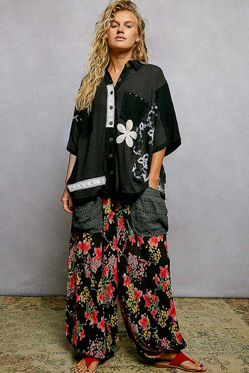 POL Mix N Match Patched Button Down Top in Black