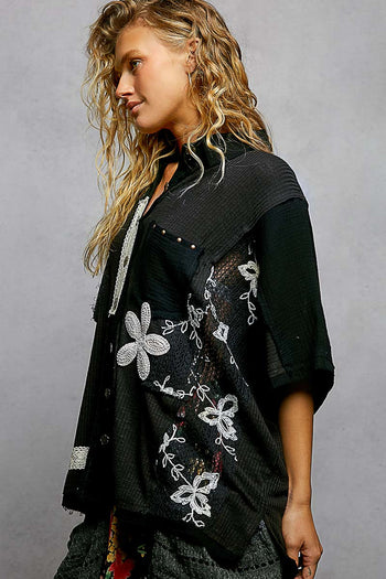 POL Mix N Match Patched Button Down Top in Black