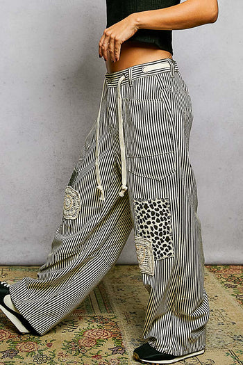 POL Striped Twill Barrel Pants with Mixed Patches in Choco Striped