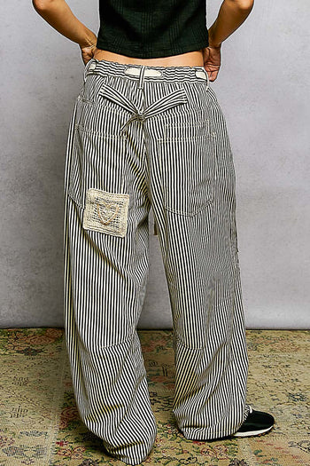 POL Striped Twill Barrel Pants with Mixed Patches in Choco Striped