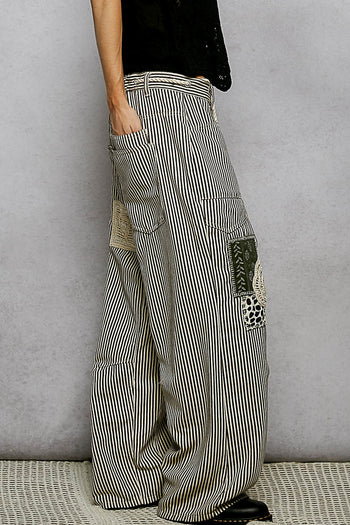 POL Striped Twill Barrel Pants with Mixed Patches in Choco Striped