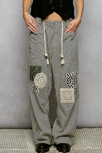 POL Striped Twill Barrel Pants with Mixed Patches in Choco Striped