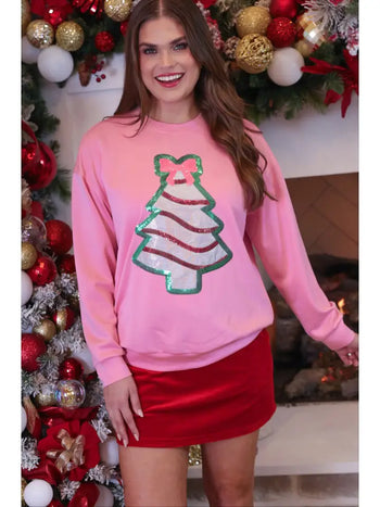 Jess Lea Lightweight Foil Bow Christmas Treat Luxe Sweatshirt in Pink